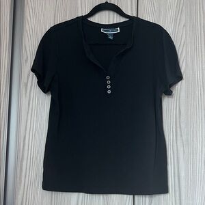 Karen Scott Classic Black Short Sleeve Tee with Button Accents